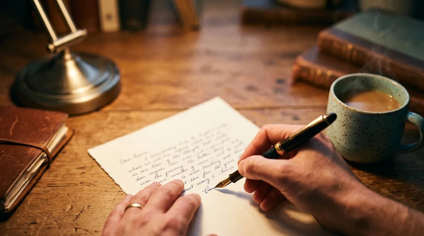 Carta de amor manuscrita junto a una taza de café, en tono cálido y editorial