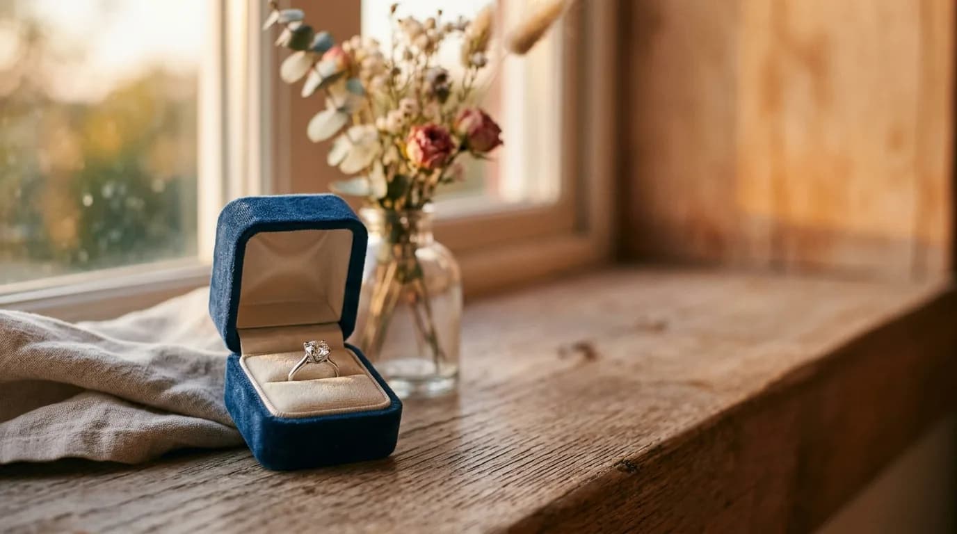 Anillo de compromiso sobre una superficie cálida, con luz suave de atardecer