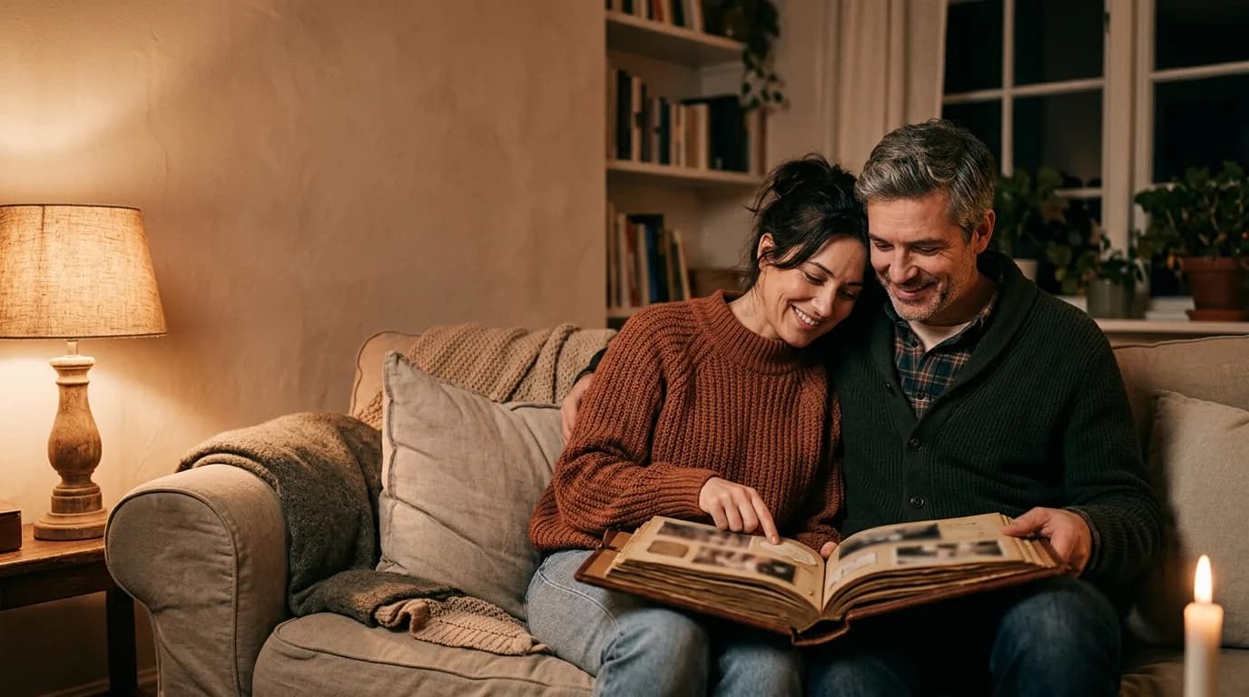 Pareja celebrando un aniversario con velas y fotos de recuerdos sobre la mesa