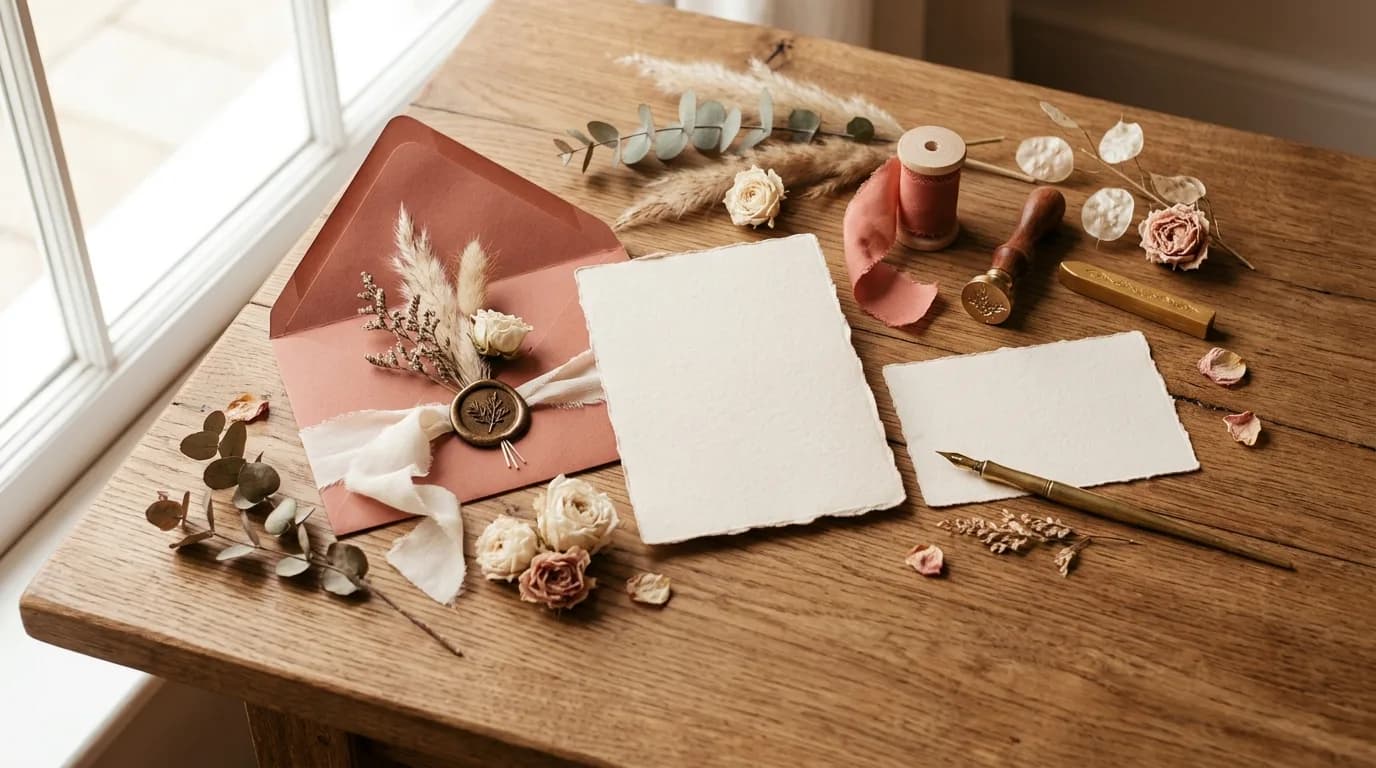 Invitación de boda digital mostrada en un celular, con detalles decorativos alrededor